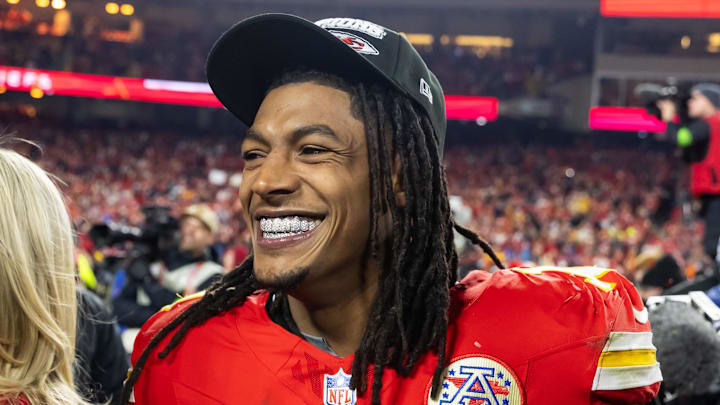 Jan 26, 2025; Kansas City, MO, USA; Kansas City Chiefs running back Isiah Pacheco (10) celebrates after defeating the Buffalo Bills in the AFC Championship game at GEHA Field at Arrowhead Stadium. Mandatory Credit: Mark J. Rebilas-Imagn Images