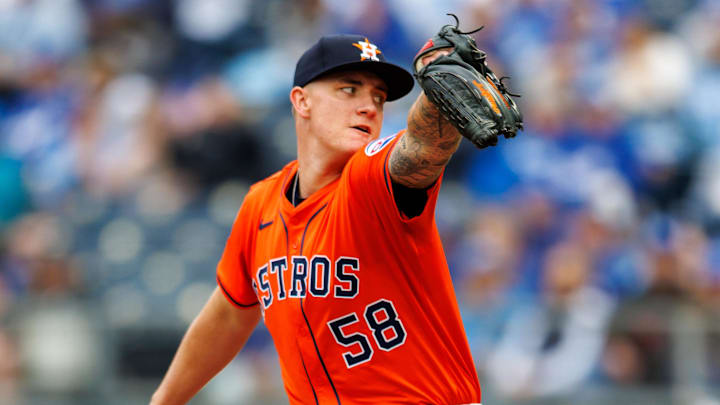 Apr 27, 2025; Kansas City, Missouri, USA; Houston Astros pitcher Hunter Brown (58) pitches during the first inning against the Kansas City Royals  at Kauffman Stadium. 