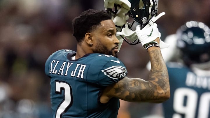 Feb 9, 2025; New Orleans, LA, USA; Philadelphia Eagles cornerback Darius Slay Jr. (2) against the Kansas City Chiefs during Super Bowl LIX at Ceasars Superdome. Mandatory Credit: Mark J. Rebilas-Imagn Images
