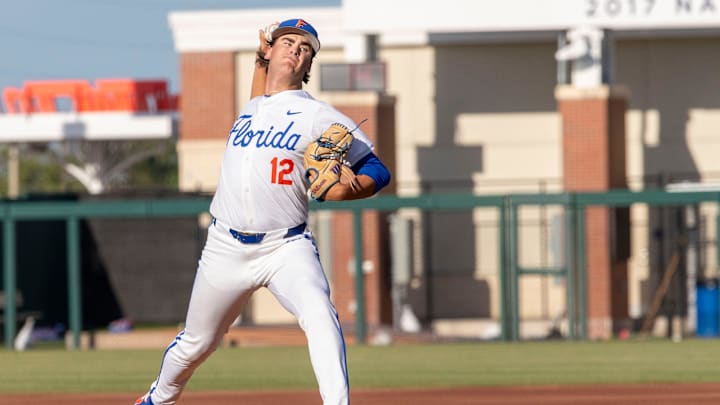 Florida's pitcher Liam Peterson (12) is the starter in the matchup against Alabama. Florida came back from being down 5-0 to beat Alabama 7-6, Friday, May 15, 2025, at Condron Family Ballpark in Gainesville, Florida. [Cyndi Chambers/ Gainesville Sun] 2025