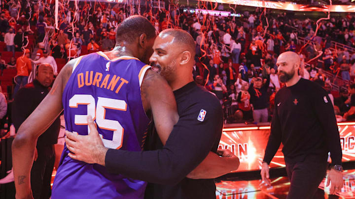 Feb 12, 2025; Houston, Texas, USA; Phoenix Suns forward Kevin Durant (35) hugs Houston Rockets head coach Ime Udoka after a game at Toyota Center. Mandatory Credit: Thomas Shea-Imagn Images Feb 12, 2025; Houston, Texas, USA; Phoenix Suns forward Kevin Durant (35) hugs Houston Rockets head coach Ime Udoka after a game at Toyota Center. Mandatory Credit: Thomas Shea-Imagn Images