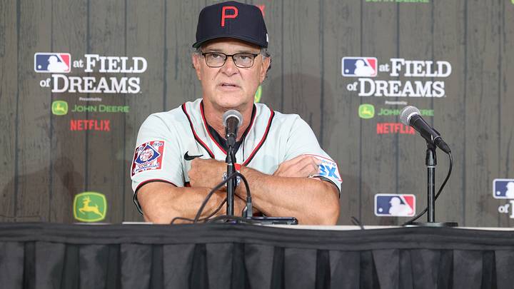 Aug 13, 2026; Dyersville, Iowa, USA; Philadelphia Phillies interim manager Don Mattingly (8) meets with the media before their game with the Minnesota Twins at the Field of Dreams. Mandatory Credit: Reese Strickland-Imagn Images Aug 13, 2026; Dyersville, Iowa, USA; Philadelphia Phillies interim manager Don Mattingly (8) meets with the media before their game with the Minnesota Twins at the Field of Dreams. Mandatory Credit: Reese Strickland-Imagn Images