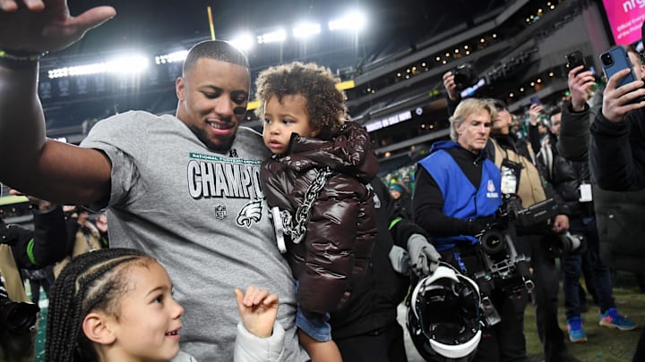 Jan 26, 2025: Saquon Barkley with his two children, Jada and Saquon Jr. Jan 26, 2025: Saquon Barkley with his two children, Jada and Saquon Jr.