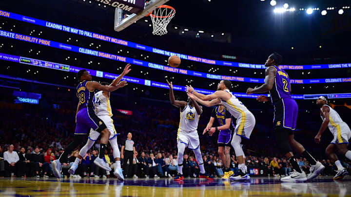 Feb 6, 2025; Los Angeles, California, USA; Golden State Warriors forward Jackson Rowe (44) forward Draymond Green (23) and guard Stephen Curry (30) play for the rebound against Los Angeles Lakers forward Rui Hachimura (28) during the first half at Crypto.com Arena. Mandatory Credit: Gary A. Vasquez-Imagn Images Feb 6, 2025; Los Angeles, California, USA; Golden State Warriors forward Jackson Rowe (44) forward Draymond Green (23) and guard Stephen Curry (30) play for the rebound against Los Angeles Lakers forward Rui Hachimura (28) during the first half at Crypto.com Arena. Mandatory Credit: Gary A. Vasquez-Imagn Images