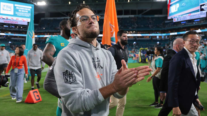 Miami Dolphins head coach Mike McDaniel reacts on the field after the game against the San Francisco 49ers at Hard Rock Stadium. 