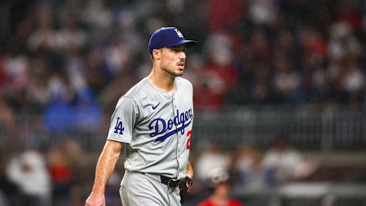 Sep 13, 2024; Atlanta, Georgia, USA; Los Angeles Dodgers relief pitcher Michael Grove (29) walks off the mound against the Atlanta Braves in the fourth inning at Truist Park. Mandatory Credit: Brett Davis-Imagn Images
