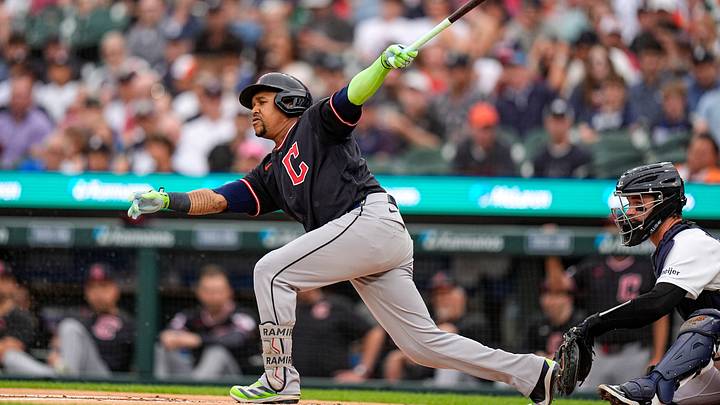 Cleveland Guardians third baseman José Ramírez (11) bats against Detroit Tigers during the first inning at Comerica Park in Detroit on Wednesday, August 12, 2026. Cleveland Guardians third baseman José Ramírez (11) bats against Detroit Tigers during the first inning at Comerica Park in Detroit on Wednesday, August 12, 2026.
