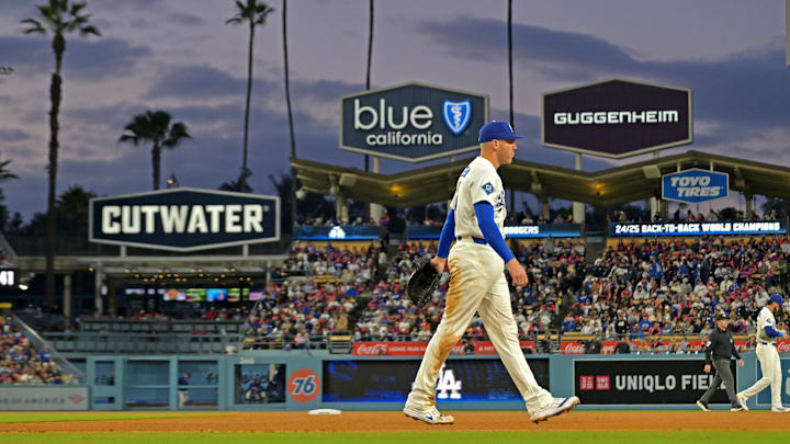 Apr 27, 2026; Los Angeles, California, USA; Los Angeles Dodgers first baseman Freddie Freeman (5) walks on the field during the second inning against the Miami Marlins at Dodger Stadium. Mandatory Credit: Jayne Kamin-Oncea-Imagn Images