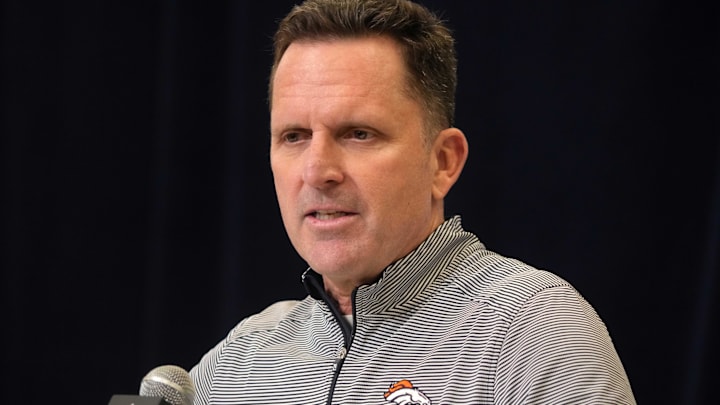 Feb 25, 2025; Indianapolis, IN, USA; Denver Broncos general manager George Paton speaks during the NFL Scouting Combine at the Indiana Convention Center. Mandatory Credit: Kirby Lee-Imagn Images