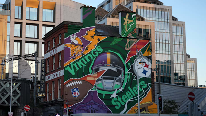 Sep 27, 2025; Dublin, Ireland;  A mural at the Workshop Pub promoting the 2025 NFL Dublin Game between the Minnesota Vikings and the Pittsburgh Steelers. Mandatory Credit: Kirby Lee-Imagn Images