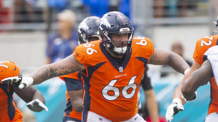 Sep 19, 2021; Jacksonville, Florida, USA; Denver Broncos guard Dalton Risner (66) against the Jacksonville Jaguars at TIAA Bank Field. Mandatory Credit: Mark J. Rebilas-Imagn Images