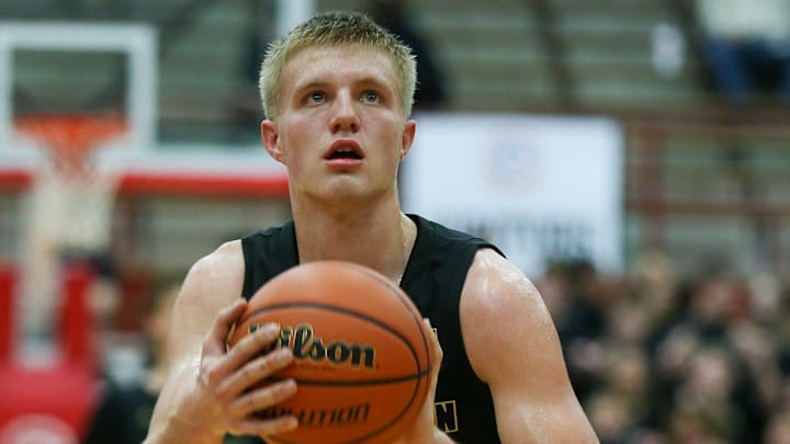 Mt. Vernon Luke Ertel (12) at the free throw line as the Brownsburg Bulldogs took on the Mt. Vernon Marauders.