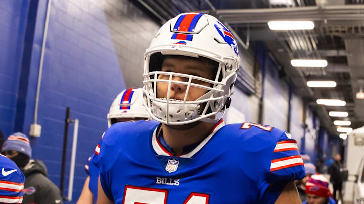 Jan 21, 2024; Orchard Park, New York, USA; Buffalo Bills offensive tackle Ryan Van Demark (74) against the Kansas City Chiefs in the 2024 AFC divisional round game at Highmark Stadium. Mandatory Credit: Mark J. Rebilas-Imagn Images Jan 21, 2024; Orchard Park, New York, USA; Buffalo Bills offensive tackle Ryan Van Demark (74) against the Kansas City Chiefs in the 2024 AFC divisional round game at Highmark Stadium. Mandatory Credit: Mark J. Rebilas-Imagn Images