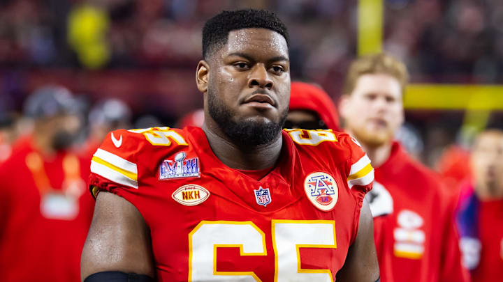 Feb 11, 2024; Paradise, Nevada, USA; Kansas City Chiefs guard Trey Smith (65) against the San