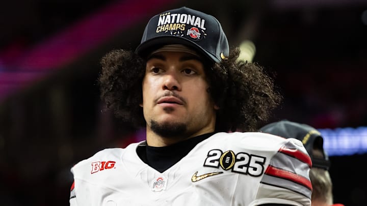 Jan 20, 2025; Atlanta, GA, USA; Ohio State Buckeyes safety Lathan Ransom (8) against the Notre Dame Fighting Irish during the CFP National Championship college football game at Mercedes-Benz Stadium. Mandatory Credit: Mark J. Rebilas-Imagn Images