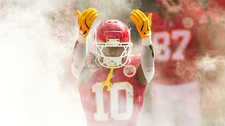 Sep 15, 2024; Kansas City, Missouri, USA; Kansas City Chiefs running back Isiah Pacheco (10) takes the field prior to a game against the Cincinnati Bengals at GEHA Field at Arrowhead Stadium. Mandatory Credit: Jay Biggerstaff-Imagn Images