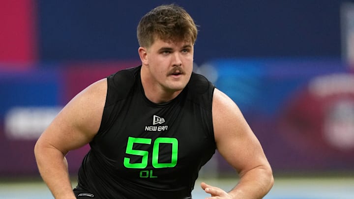 Mar 2, 2025; Indianapolis, IN, USA; North Dakota State offensive lineman Grey Zabel (OL50) during the 2025 NFL Scouting Combine at Lucas Oil Stadium. 