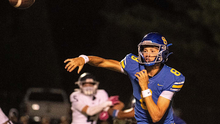 Battle Ground Academy Kaedyn Marable (8) throws to a teammate against FRA at Battle Ground Academy high school in Franklin, Tenn., Friday, Oct. 11, 2024.