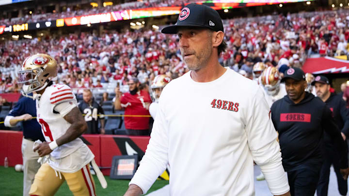 Jan 5, 2025; Glendale, Arizona, USA; San Francisco 49ers head coach Kyle Shanahan against the Arizona Cardinals at State Farm Stadium. Mandatory Credit: Mark J. Rebilas-Imagn Images