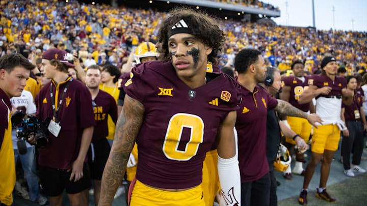 Nov 23, 2024; Tempe, Arizona, USA; Arizona State Sun Devils wide receiver Jordyn Tyson (0) against the Brigham Young Cougars at Mountain America Stadium. Mandatory Credit: Mark J. Rebilas-Imagn Images
