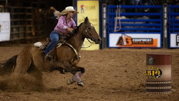 Katelyn Scott competes in barrel racing at the Starr Western Wears Rodeo’s opening night at the El Paso County Coliseum on Friday, June 21, 2024.
