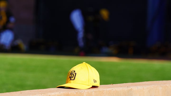 Feb 12, 2024; Peoria, AZ, USA; A general view of a hat belonging to a member of the San Diego Padres during a workout day at Peoria Sports Complex. Mandatory Credit: Allan Henry-Imagn Images

