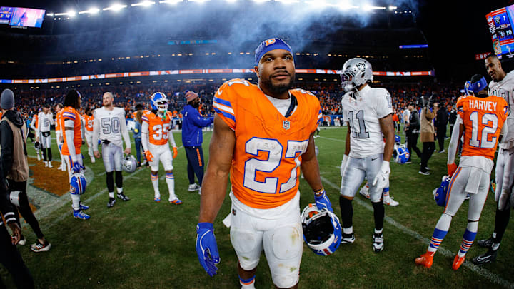 Nov 6, 2025; Denver, Colorado, USA; Denver Broncos running back J.K. Dobbins (27) after the game against the Las Vegas Raiders at Empower Field at Mile High. Mandatory Credit: Isaiah J. Downing-Imagn Images