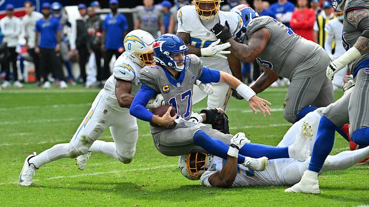 Sep. 27, 2026; Orchard Park, New York, USA; Los Angeles Chargers' EDGE rusher Khalil Mack (52) sacks Buffalo Bills' quarterback Josh Allen (17) causing a fumble during the fourth quarter at Highmark Stadium. Sep. 27, 2026; Orchard Park, New York, USA; Los Angeles Chargers' EDGE rusher Khalil Mack (52) sacks Buffalo Bills' quarterback Josh Allen (17) causing a fumble during the fourth quarter at Highmark Stadium.
