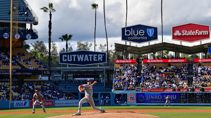Mar 31, 2024; Los Angeles, California, USA; St. Louis Cardinals starting pitcher Steven Matz (32) throws against the Los Angeles Dodgers during the second inning at Dodger Stadium. Mandatory Credit: Gary A. Vasquez-Imagn Images