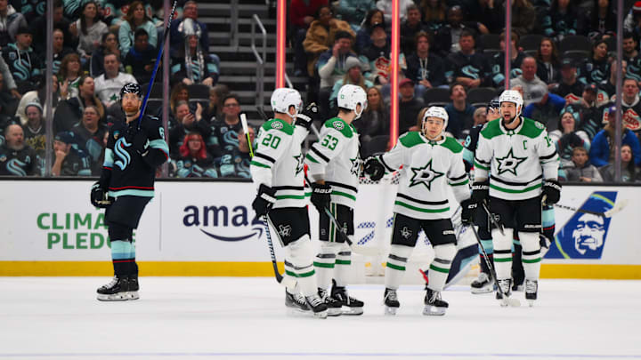 Mar 30, 2024; Seattle, Washington, USA; The Dallas Stars celebrate after a goal scored by center