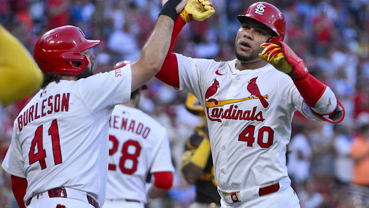 Jul 24, 2025; St. Louis, Missouri, USA; St. Louis Cardinals first baseman Willson Contreras (40) is congratulated by left fielder Alec Burleson (41) after hitting a three run home run off against the San Diego Padres during the second inning at Busch Stadium. Mandatory Credit: Jeff Curry-Imagn Images Jul 24, 2025; St. Louis, Missouri, USA; St. Louis Cardinals first baseman Willson Contreras (40) is congratulated by left fielder Alec Burleson (41) after hitting a three run home run off against the San Diego Padres during the second inning at Busch Stadium. Mandatory Credit: Jeff Curry-Imagn Images