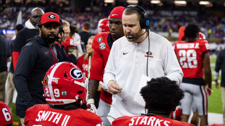 Jan 9, 2023; Inglewood, CA, USA; Georgia Bulldogs co-defensive coordinator and linebackers coach Glenn Schumann against the TCU Horned Frogs during the CFP national championship game at SoFi Stadium. Mandatory Credit: Mark J. Rebilas-USA TODAY Sports