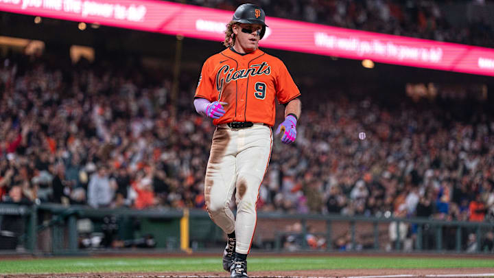 Apr 3, 2026; San Francisco, California, USA; San Francisco Giants center fielder Harrison Bader (9) scores on an RBI double by San Francisco Giants shortstop Willy Adames (not pictured) against the New York Mets during the sixth inning at Oracle Park. Mandatory Credit: Neville E. Guard-Imagn Images