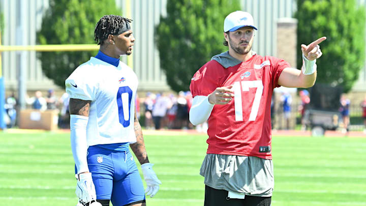 Jul 23, 2025; Rochester, NY, USA; Buffalo Bills quarterback Josh Allen (17) talks with wide receiver Keon Coleman (0) during training camp at St. John Fisher University. Mandatory Credit: Mark Konezny-Imagn Images