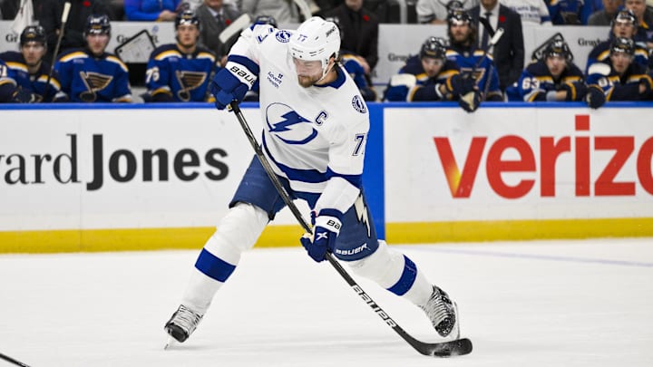 Nov 5, 2024; St. Louis, Missouri, USA;  Tampa Bay Lightning defenseman Victor Hedman (77) shoots against the Tampa Bay Lightning during the first period at Enterprise Center. Mandatory Credit: Jeff Curry-Imagn Images