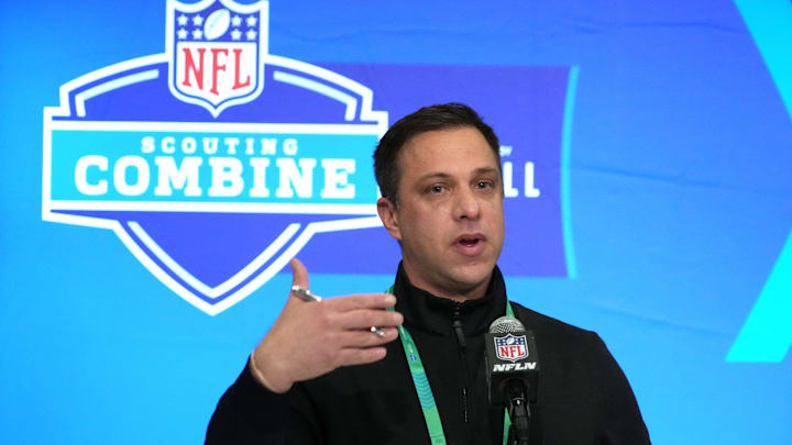 Feb 27, 2024; Indianapolis, IN, USA; Kansas City Chiefs general manager Brett Veach speaks during a press conference at the NFL Scouting Combine at Indiana Convention Center. Mandatory Credit: Kirby Lee-Imagn Images