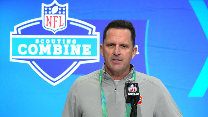 Feb 27, 2024; Indianapolis, IN, USA; Denver Broncos general manager George Paton speaks during a press conference at the NFL Scouting Combine at Indiana Convention Center. Feb 27, 2024; Indianapolis, IN, USA; Denver Broncos general manager George Paton speaks during a press conference at the NFL Scouting Combine at Indiana Convention Center.