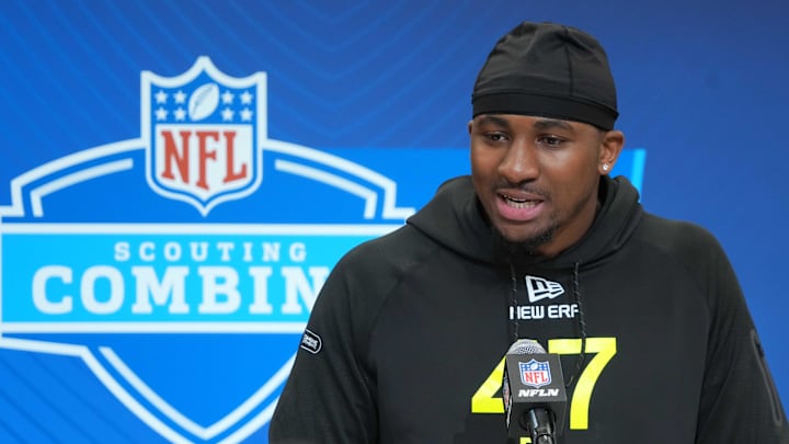 Feb 27, 2025; Indianapolis, IN, USA; Boston College defensive lineman Donovan Ezeiruaku (DL47) during the 2025 NFL Scouting Combine at the Indiana Convention Center. Mandatory Credit: Kirby Lee-Imagn Images