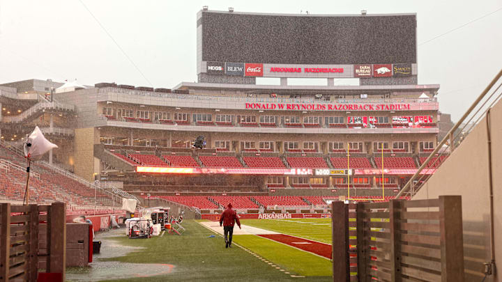 General view of  Donald W. Reynolds Razorback Stadium during a weather delay prior to the game between the Texas A&M Aggies and the Arkansas Razorbacks.