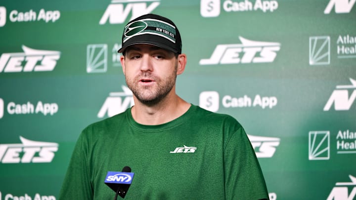 Jun 11, 2025; Florham Park, NY, USA; New York Jets offensive coordinator Tanner Engstrand speaks at a press conference during minicamp at Atlantic Health Jets Training Center. Mandatory Credit: John Jones-Imagn Images