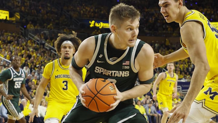 Feb 21, 2025; Ann Arbor, Michigan, USA; Michigan State Spartans forward Jaxon Kohler (0) handles the ball during the second half against the Michigan Wolverines at Crisler Center. Mandatory Credit: Brian Bradshaw Sevald-Imagn Images