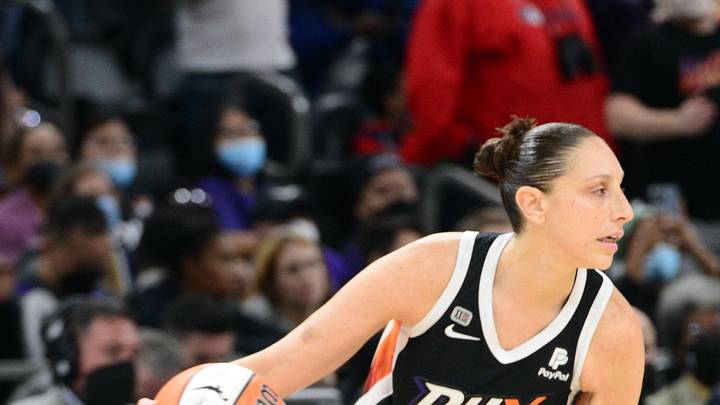 Oct 13, 2021; Phoenix, Arizona, USA; Phoenix Mercury guard Diana Taurasi (3) dribbles against the Chicago Sky during overtime of game two of the 2021 WNBA Finals at Footprint Center. Mandatory Credit: Joe Camporeale-Imagn Images