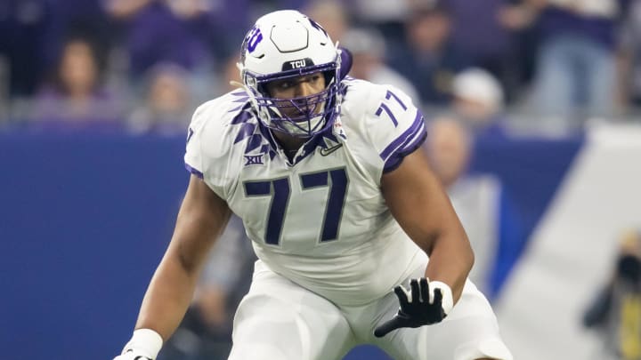 Dec 31, 2022; Glendale, Arizona, USA; TCU Horned Frogs offensive lineman Brandon Coleman (77) Dec 31, 2022; Glendale, Arizona, USA; TCU Horned Frogs offensive lineman Brandon Coleman (77)