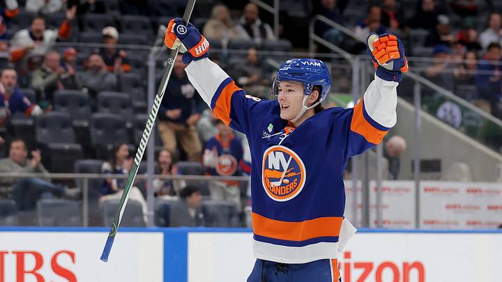 Mar 24, 2026; Elmont, New York, USA; New York Islanders defenseman Matthew Schaefer (48) celebrates a goal against the Chicago Blackhawks by left wing Anders Lee (not pictured) during the first period at UBS Arena. Mandatory Credit: Brad Penner-Imagn Images