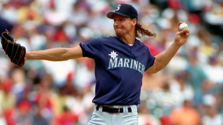 Seattle Mariners pitcher Randy Johnson throws during a game against the Baltimore Orioles in 1994 at Camden Yards.