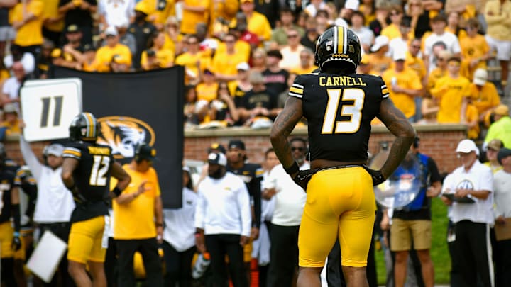 Oct. 11, 2025; Columbia, Missouri, USA; Missouri Tigers safety Daylan Carnell awaits the next play during the Missouri Tigers matchup with Alabama at Faurot Field at Memorial Stadium. 