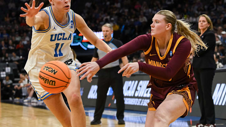 Mar 27, 2026; Sacramento, CA, USA; Minnesota Golden Gophers forward Grace Grocholski (25) passes against UCLA Bruins forward Gabriela Jaquez (11) during a Sweet Sixteen game of the Sacramento Regional 2 of the women's 2026 NCAA Tournament at Golden 1 Center. Mandatory Credit: Ed Szczepanski-Imagn Images