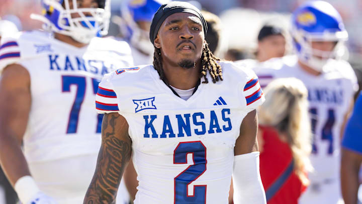 Nov 8, 2025; Tucson, Arizona, USA; Kansas Jayhawks safety Lyrik Rawls (2) against the Arizona Wildcats at Arizona Stadium. Mandatory Credit: Mark J. Rebilas-Imagn Images