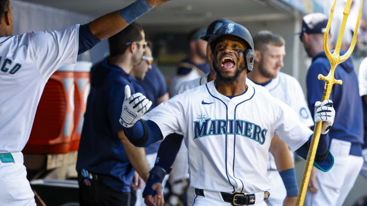 Seattle Mariners right fielder Victor Robles celebrates after hitting a home run against the Tampa Bay Rays on Wednesday at T-Mobile Park. Seattle Mariners right fielder Victor Robles celebrates after hitting a home run against the Tampa Bay Rays on Wednesday at T-Mobile Park.
