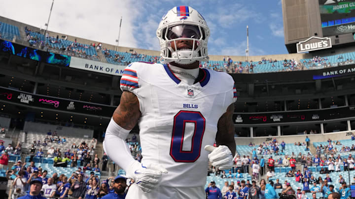 Oct 26, 2025; Charlotte, North Carolina, USA; Buffalo Bills wide reciever Keon Coleman (0) runs on to the field before the game at Bank of America Stadium. Mandatory Credit: Bob Donnan-Imagn Images Oct 26, 2025; Charlotte, North Carolina, USA; Buffalo Bills wide reciever Keon Coleman (0) runs on to the field before the game at Bank of America Stadium. Mandatory Credit: Bob Donnan-Imagn Images